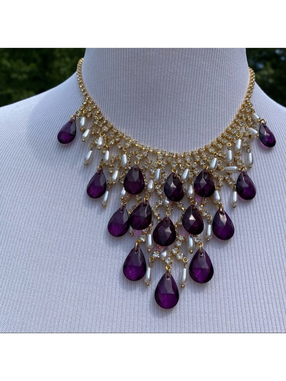 SCAASI NECKLACE VINTAGE STATEMENT BIB GOLD PURPLE CRYSTALS RHINESTONE FAUX PEARL
